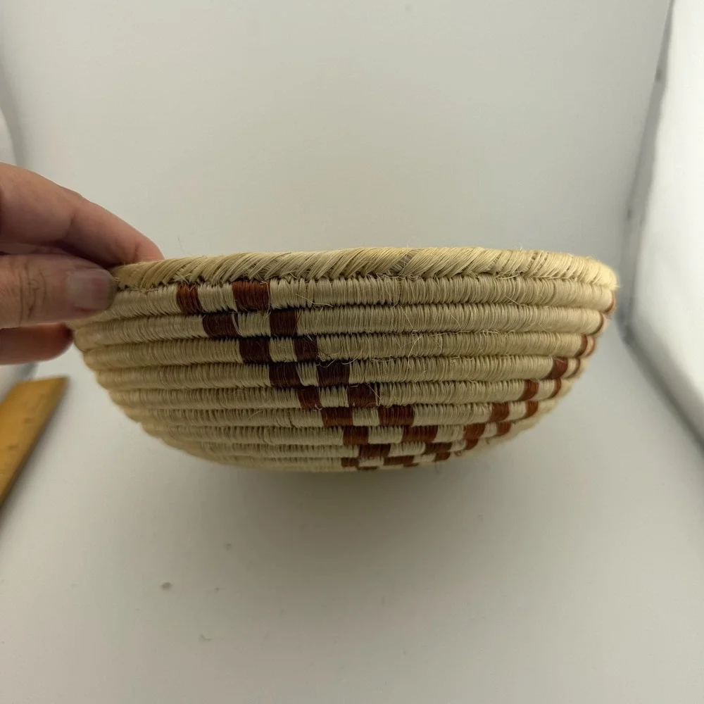 Coiled Woven Basket 9in Natural Brown Excellent Geometric Boho Tribal